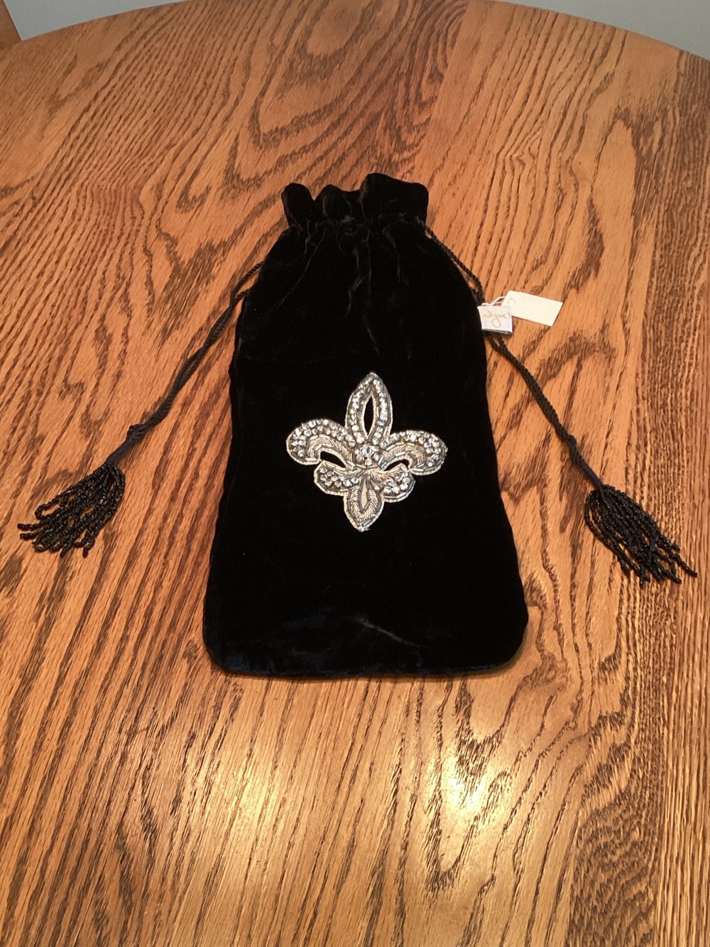 Black Velvet Drawstring  Evening Bag with Silver Fleur-de-Lis Accent